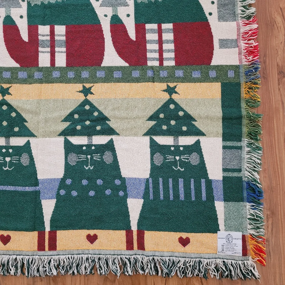 Crown Crafts Throw Blanket Noel Cats Pat Meyers Vintage Christmas Holiday NEW